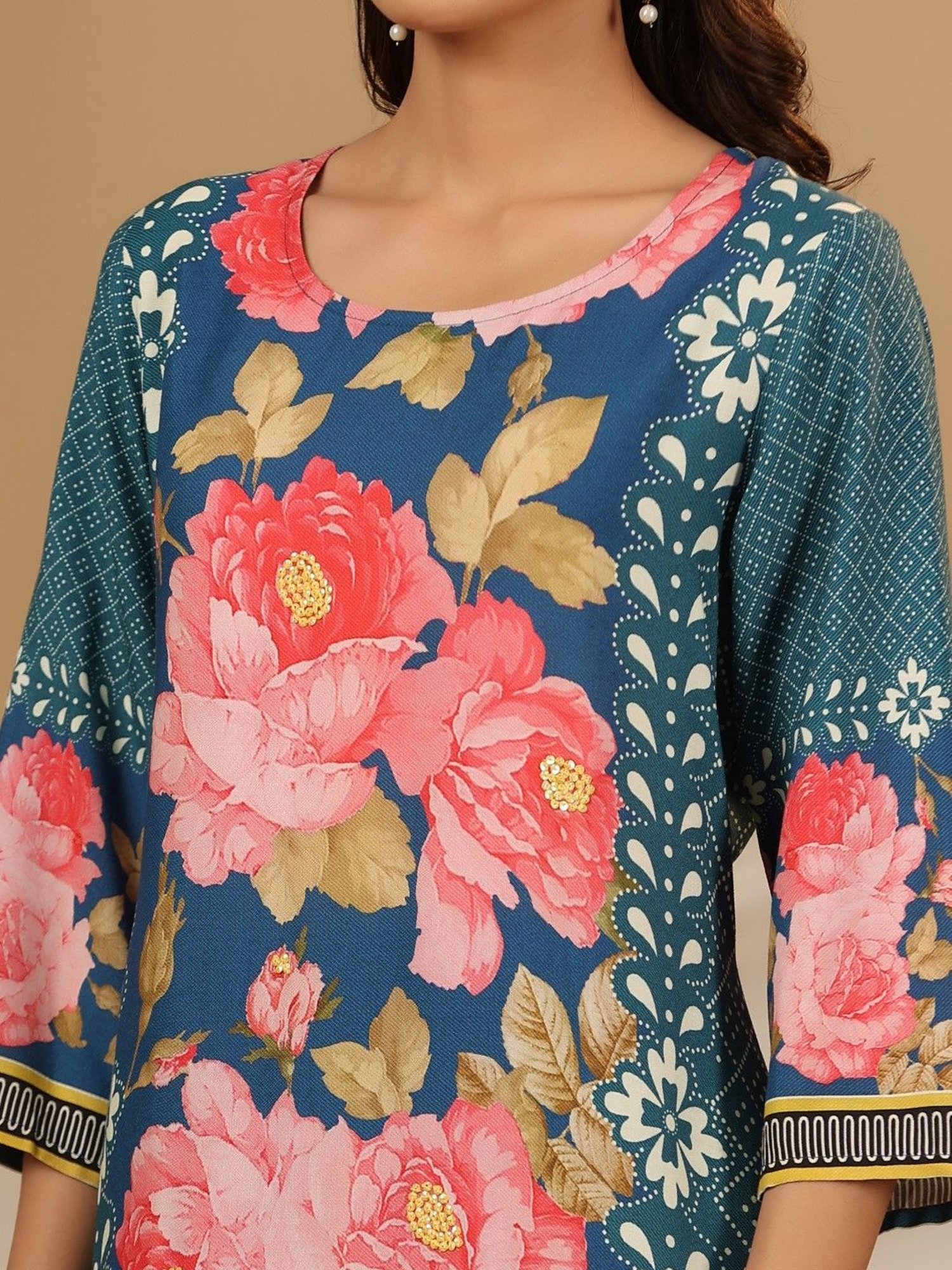 Juniper Blue Floral Printed Rayon Kurta Pants & Dupatta Set With Sequins Work