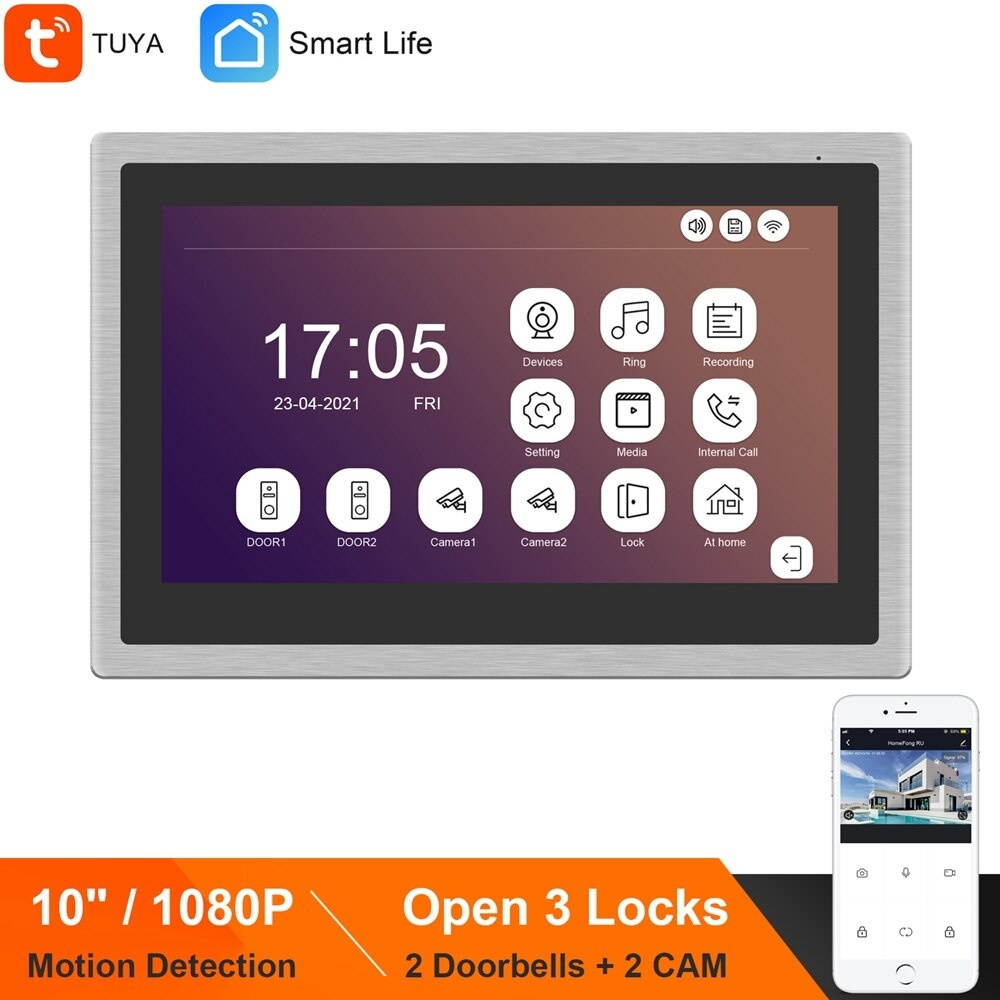 HomeFong WIFI Intercom for Home TUYA Smart IP Video Door Phone System  10 Inch Touch Screen Monitor Supports 2 Doorbell 2 Camera