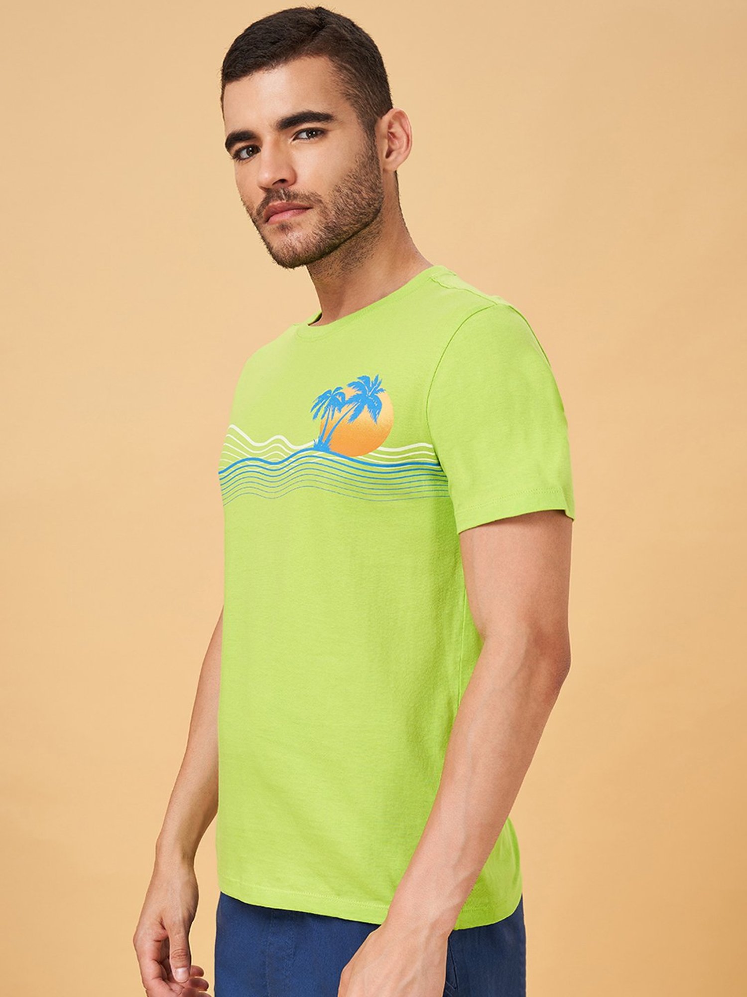 Urban Ranger by Pantaloons Green Slim Fit Printed Crew T-Shirt