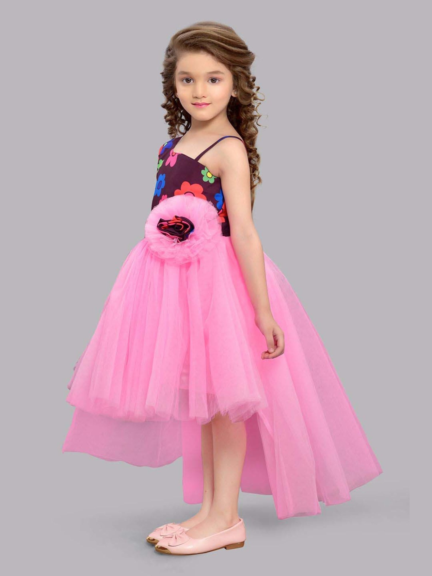 Pink Chick Kids Maroon & Pink Floral Party Gowns