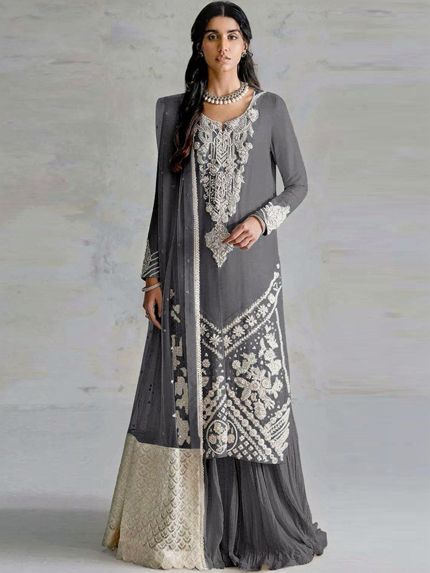 Odette Grey Embroidered Unstitched Dress Material