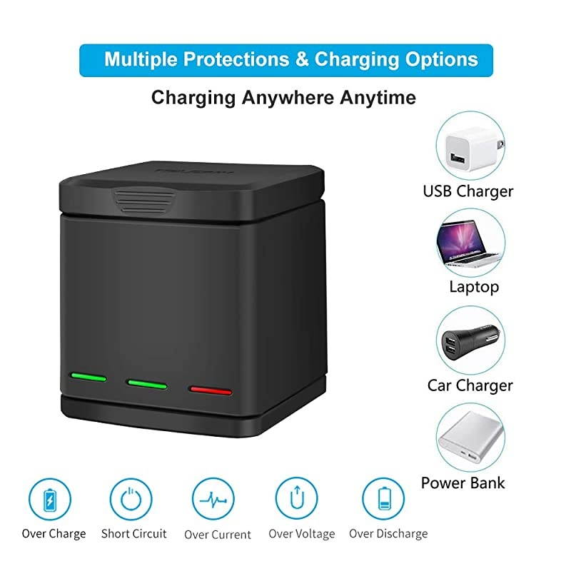 3-Pack Replacement Batteries and Triple Charger for GoPro Hero 8 Hero 7 Black Hero 6 Hero 5 Black Hero (2018) Camera, with Go Pro Small Carry Case, Lens Cover, Lens Protector, 3 Battery Case