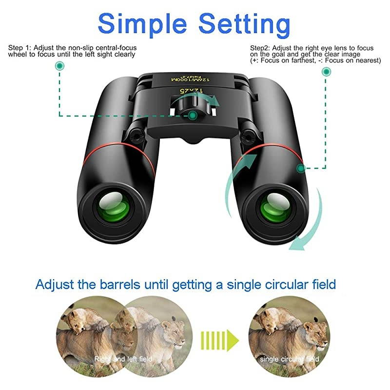 Compact Binoculars Small Folding Binoculars with Night Vision Large Eyepiece Easy Focus for Kids Adults Bird Watching Travel Hunting Concerts Sports Waterproof Telescope with Strap BagBlack