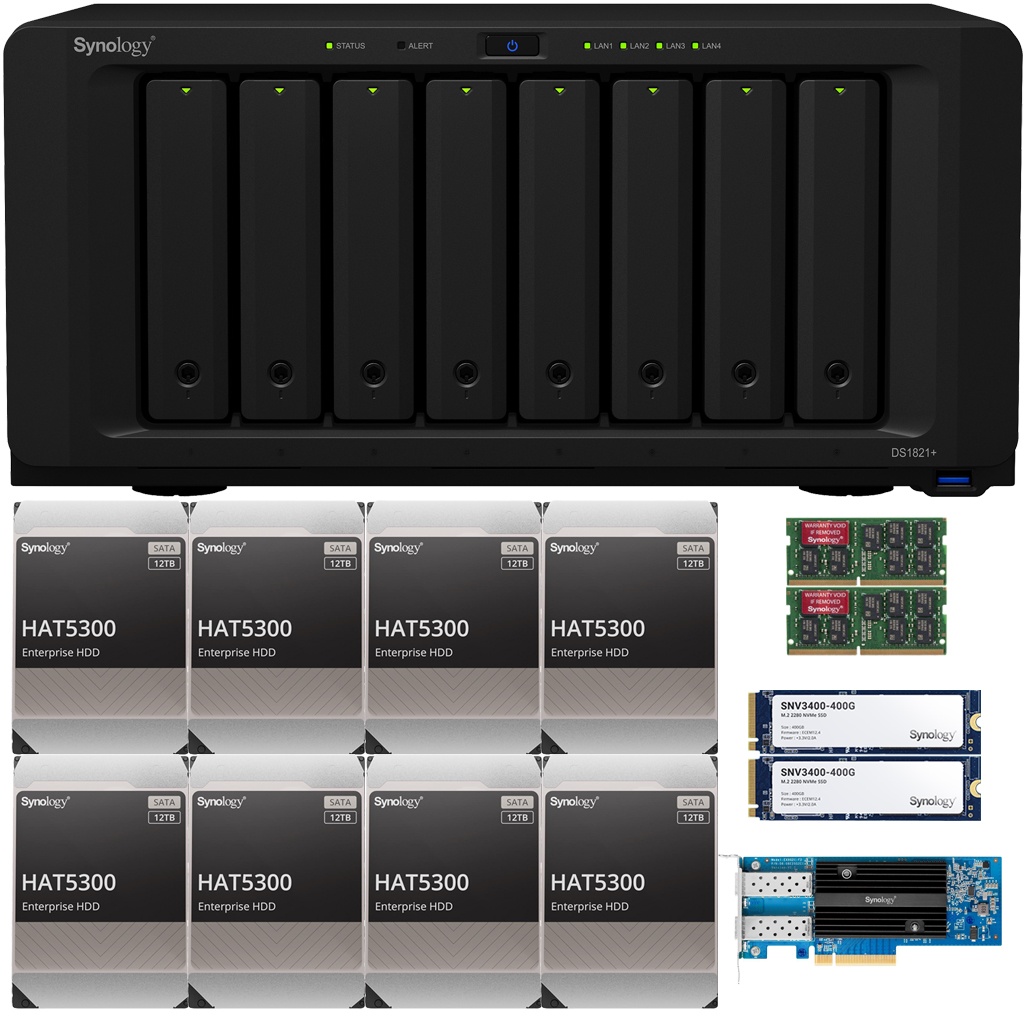 Synology DS1821+ DiskStation with 32GB RAM, 800GB (2x400GB) Cache, an E25G21-F2 25GbE Card and 128TB (8 x 16TB) of Synology Enterprise HAT5300 Drives Fully Assembled and Tested By CustomTechSales