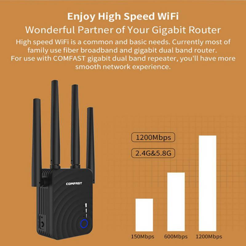 WiFi Range Extender, 1200Mbps WiFi Repeater Wireless Signal Booster, 2.4G & 5.8Ghz Dual Band Wifi Long Range Extender Black