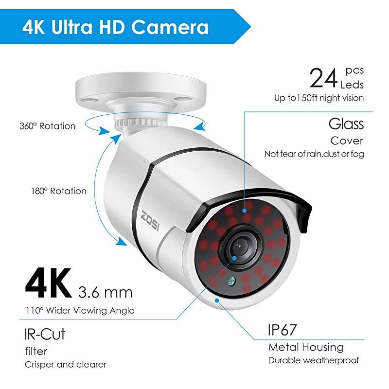 4K Ultra HD Security Cameras System, 8 Channel H.265+ 4K (3840x2160) Video DVR, 8 x 4K (8MP) Ip67 Bullet Weatherproof Surveillance Cameras, Motion Alert , 150ft Night Vision, with 2TB Hard Drive