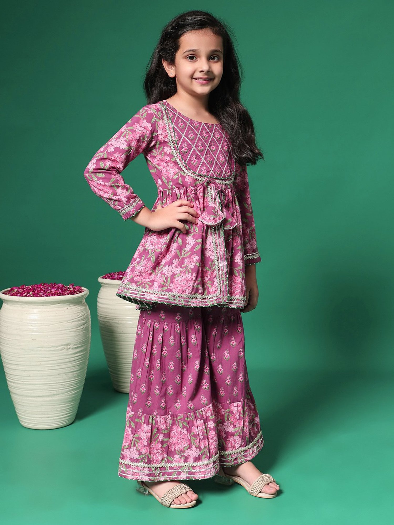 READIPRINT FASHIONS Kids Maroon Floral Print Kurti with Gharara