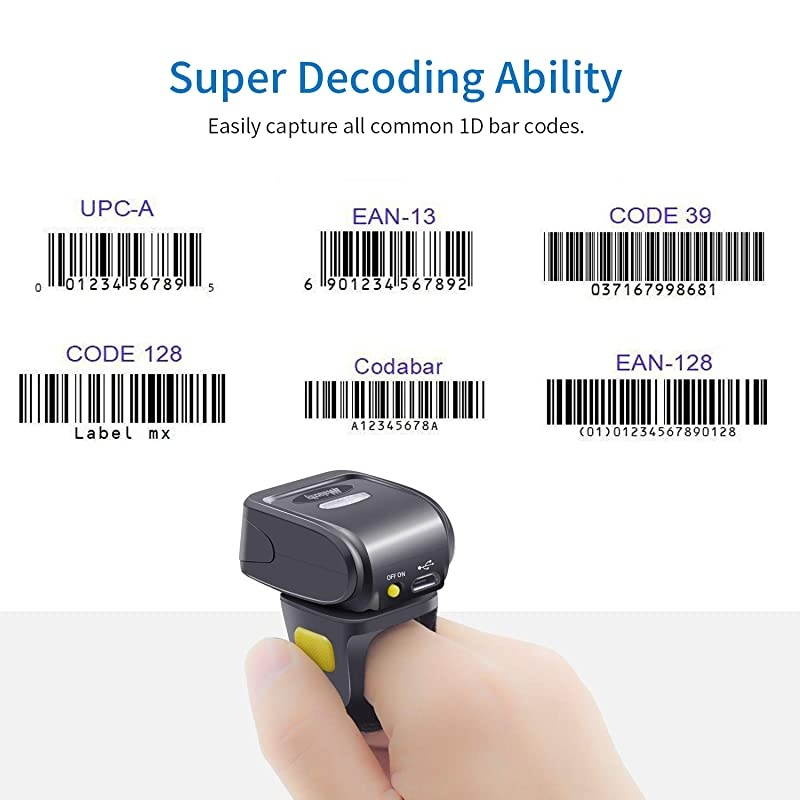 Portable 1D Laser Bluetooth Barcode ScannerHandheld Mini Wearable Ring Wireless Barcode Reader for WindowsAndroidiOSMac