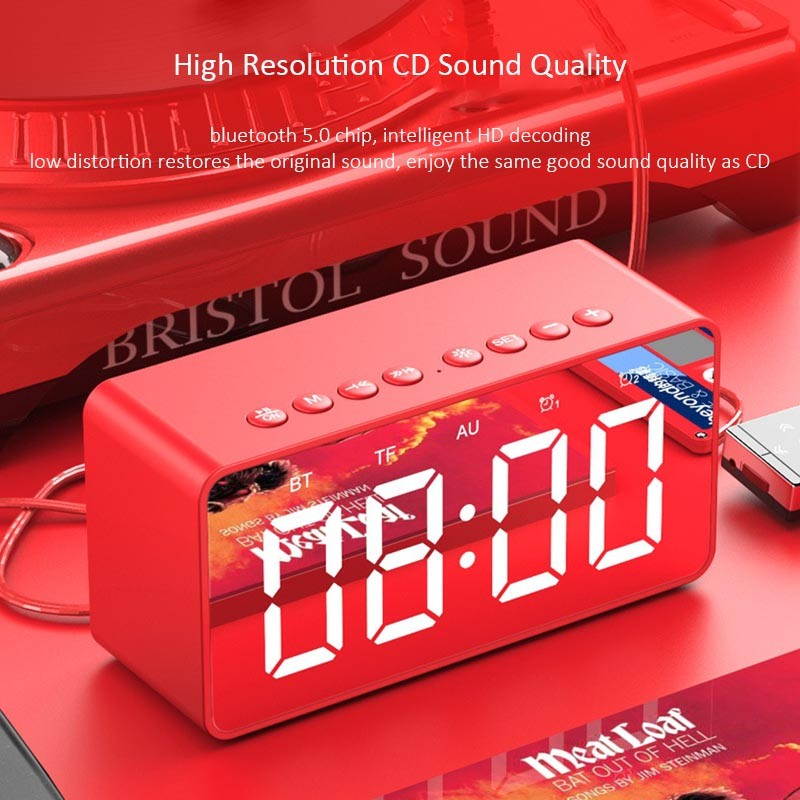 Wireless bluetooth speaker, bluetooth 5.0 speaker with mirrored LED alarm clock and built-in microphone voice, for Android and IOS smart phones,Black