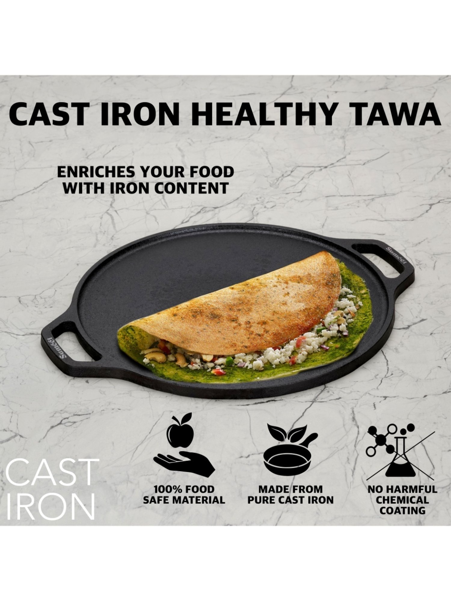Sumeet Pre Seasoned Heavy Weight Cast Iron Flat Dosa Tawa,Induction Friendly, 30cm, Weight-3.070Kg