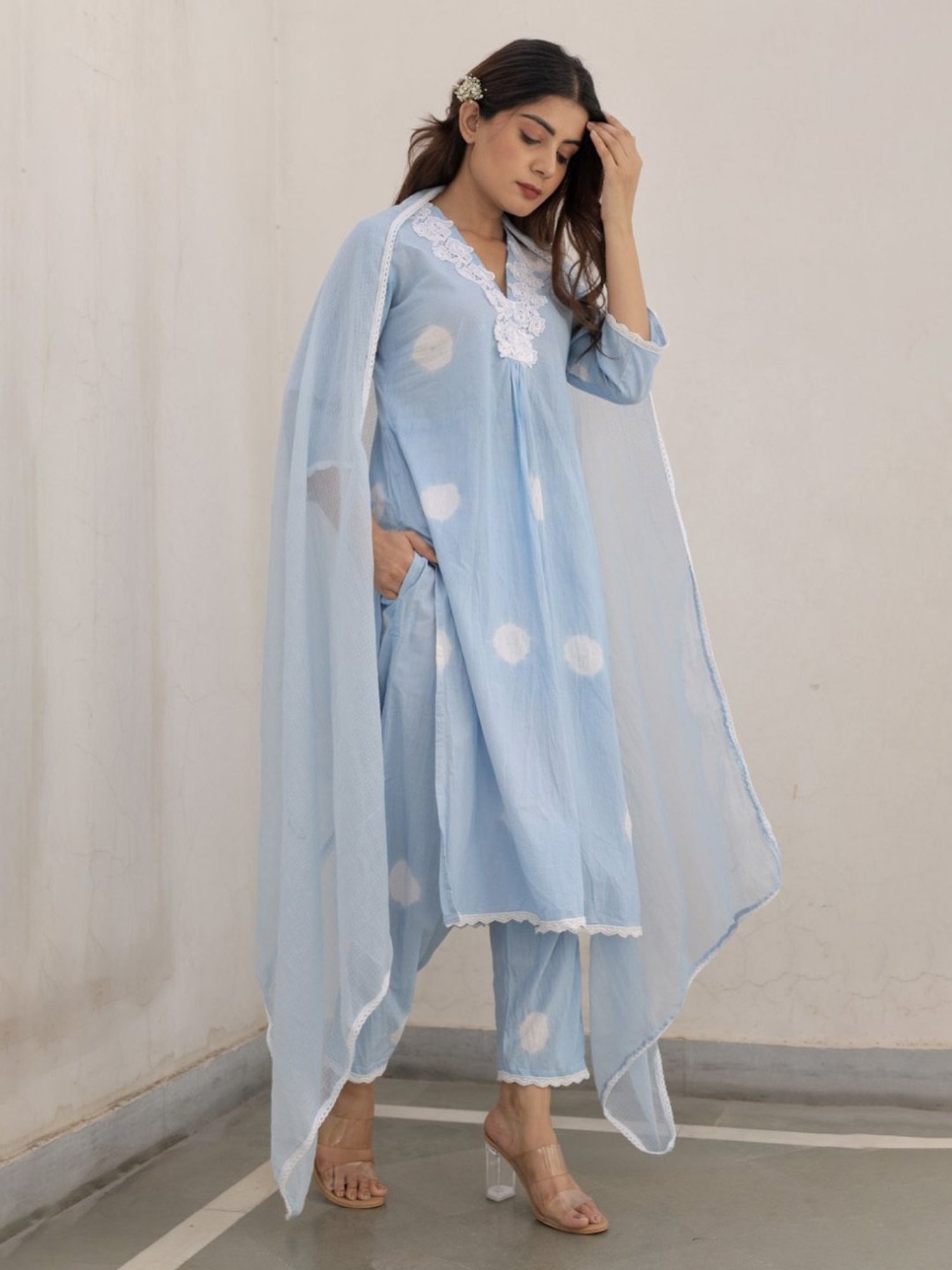 Asrumo Blue Sukoon Summer Cotton White Lace Straight Kurta with Pant and Doriya Dupatta Set