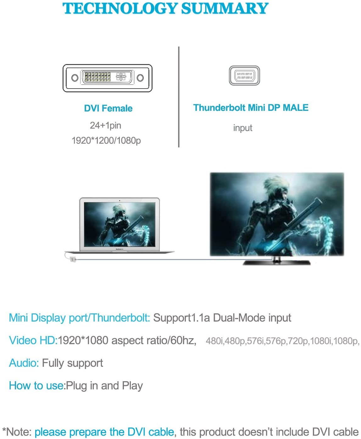 Mini DP to DVI Adapter Mini DisplayPort to DVI Converter Cable