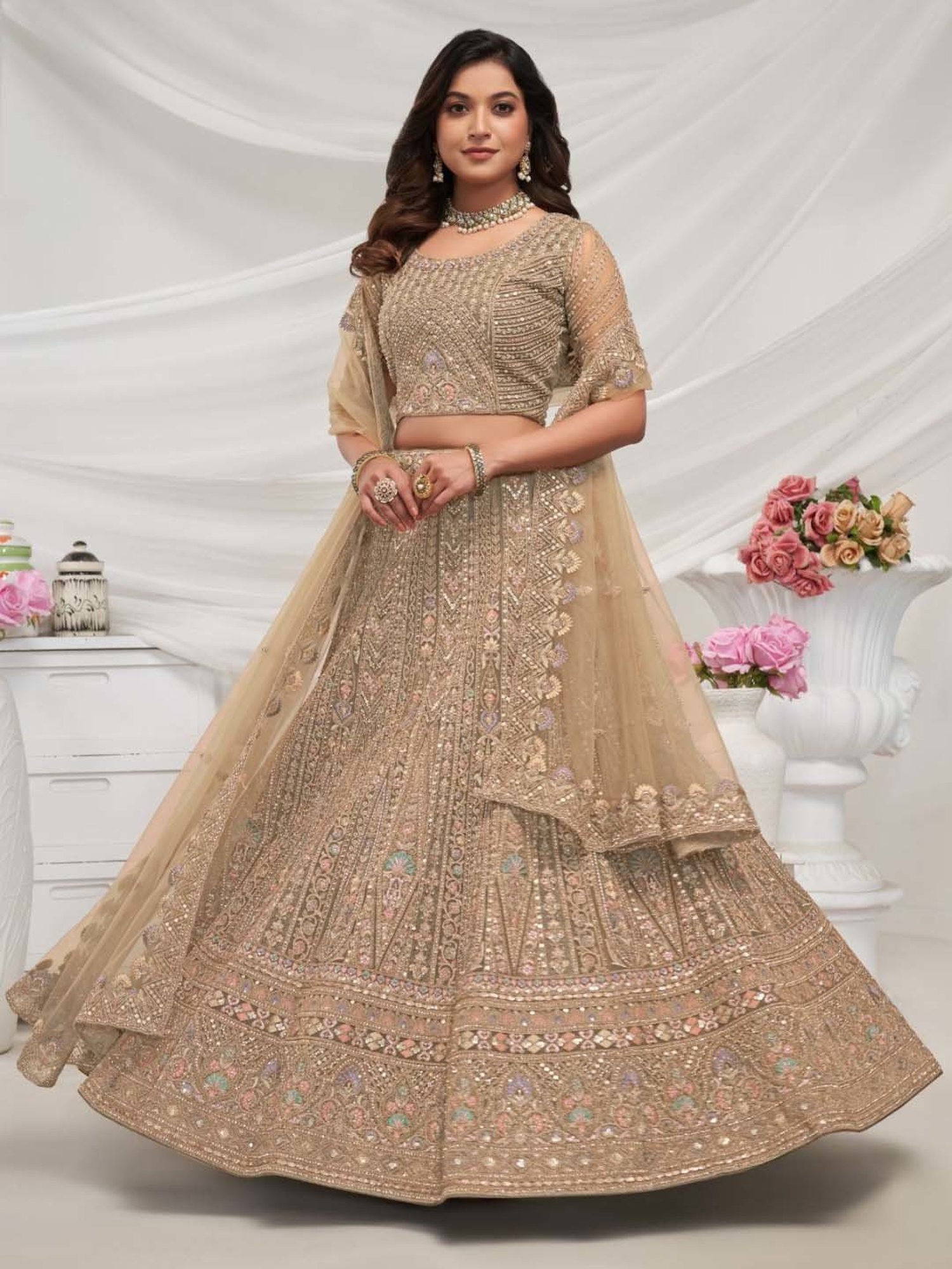 Odette Beige Embroidered Lehenga Choli Set With Dupatta