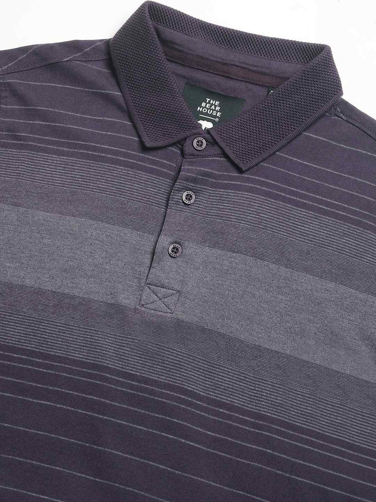 The Bear House Purple Cotton Slim Fit Striped Polo T-Shirt