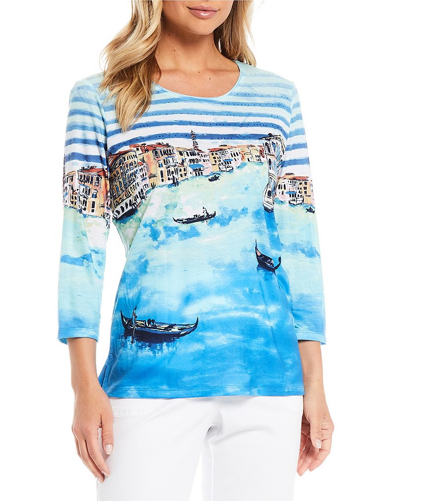 Allison Daley Petite Size Venice Postcard Print Rhinestone Embellished Detail 3/4 Sleeve Crew Neck Top