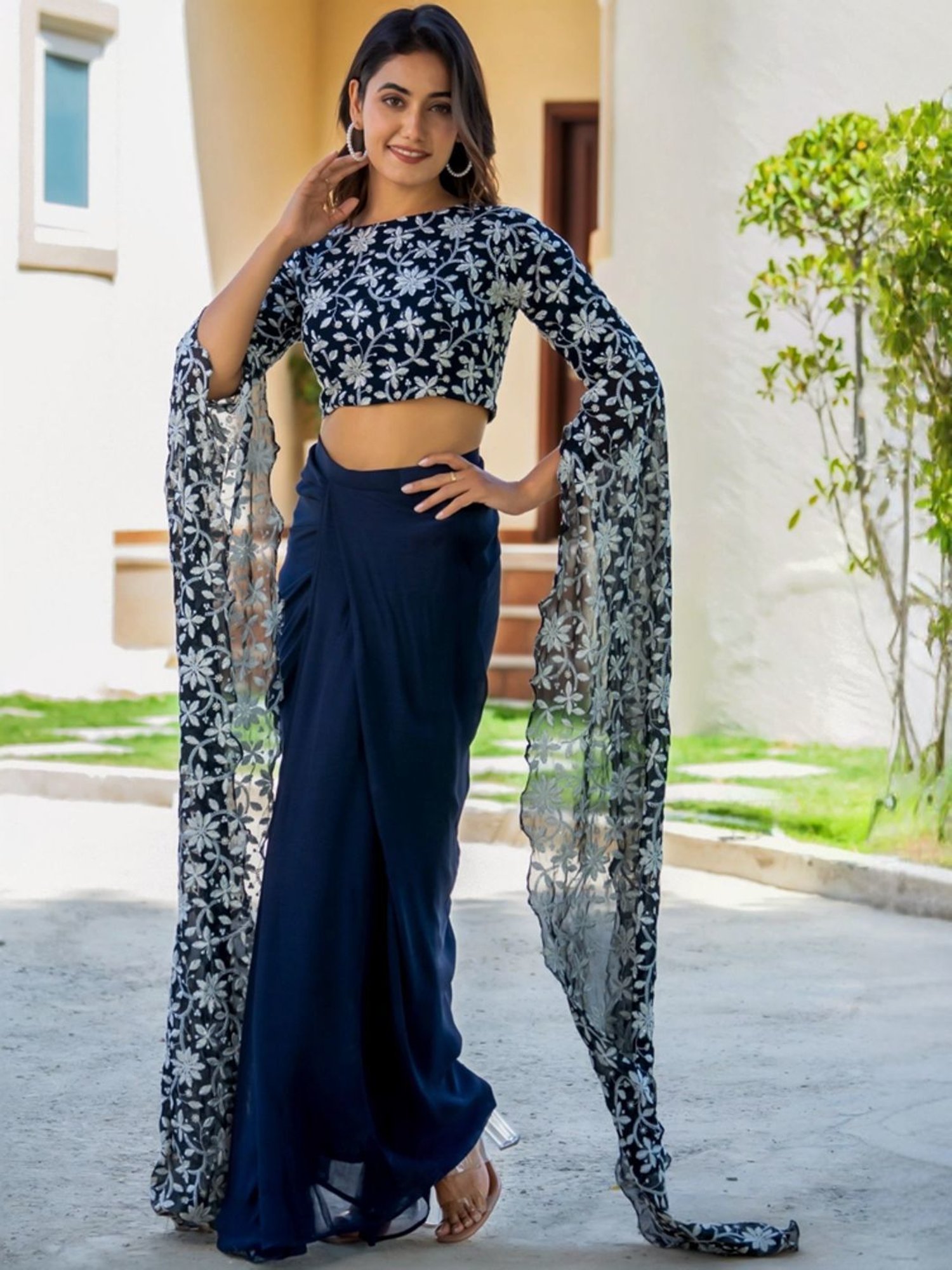 HOUSE OF JAMOTI Navy Embroidered Crop Top Skirt Set