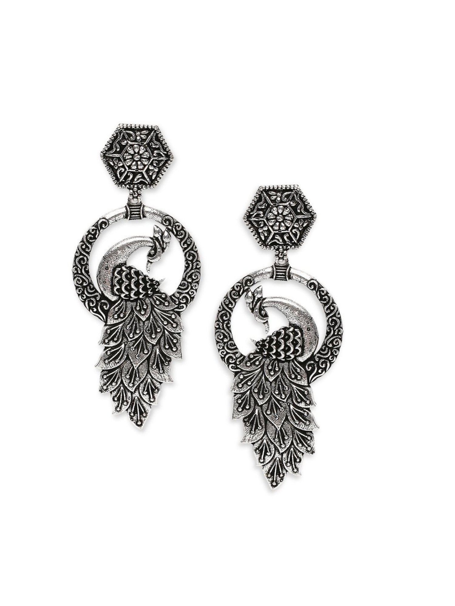 OOMPH Silver Oxidized Silver Look Alike Peacock Shape Ethnic Dangler Earrings