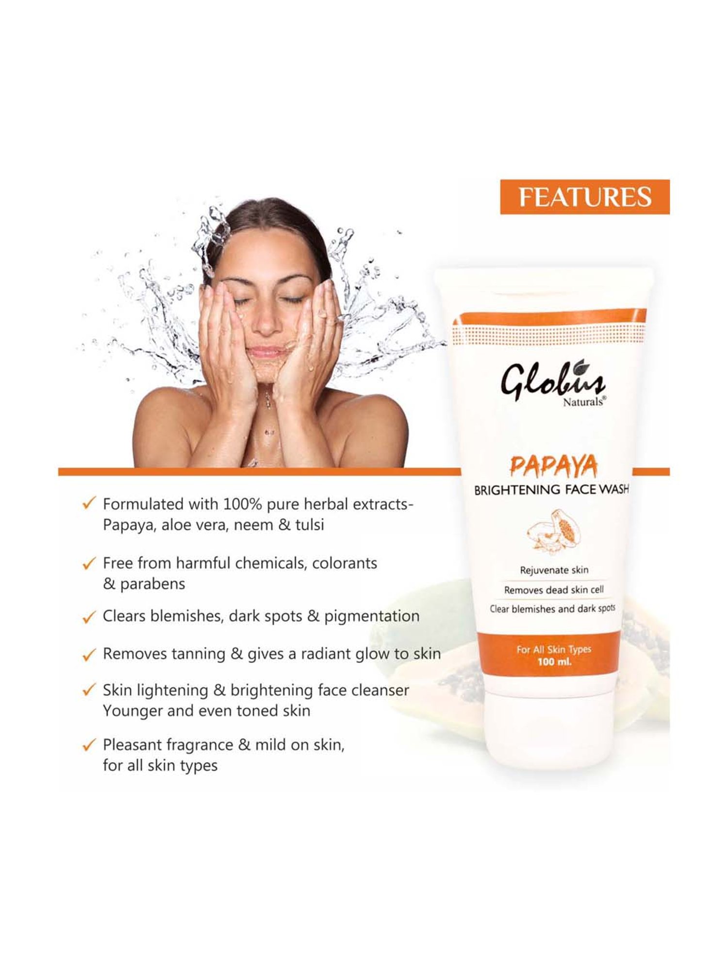 Globus Naturals Papaya Brightening Face Wash - 100 gm
