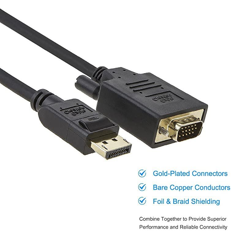 DP to VGA Cable 6ft  DisplayPort to VGA Cable with Builtin IC Chipset Gold Plated Standard DP Male to VGA Male Cable Black Color