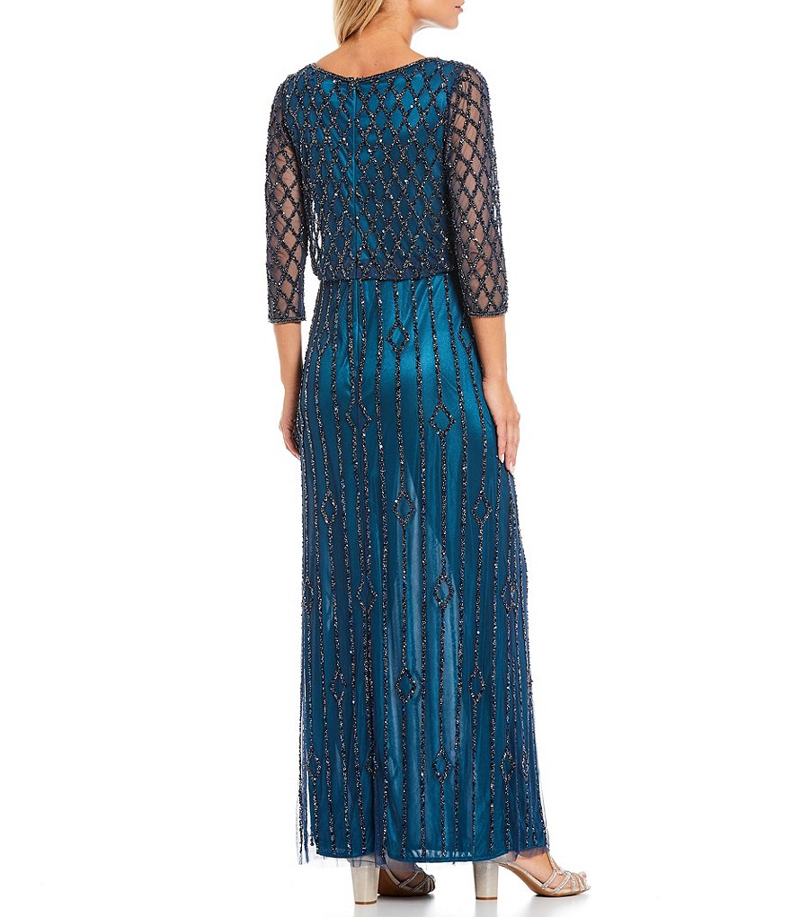 Kay Unger Long Bishop Sleeve V-Neck Crepe A-Line Dress