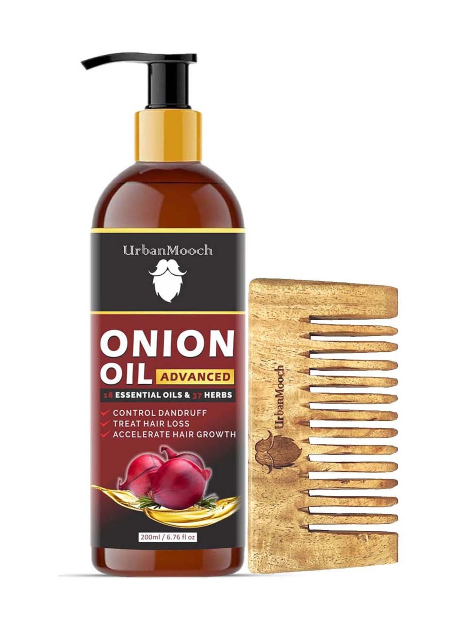 UrbanMooch Onion Hair Oil & Neem Wood Comb Set - 200 ml