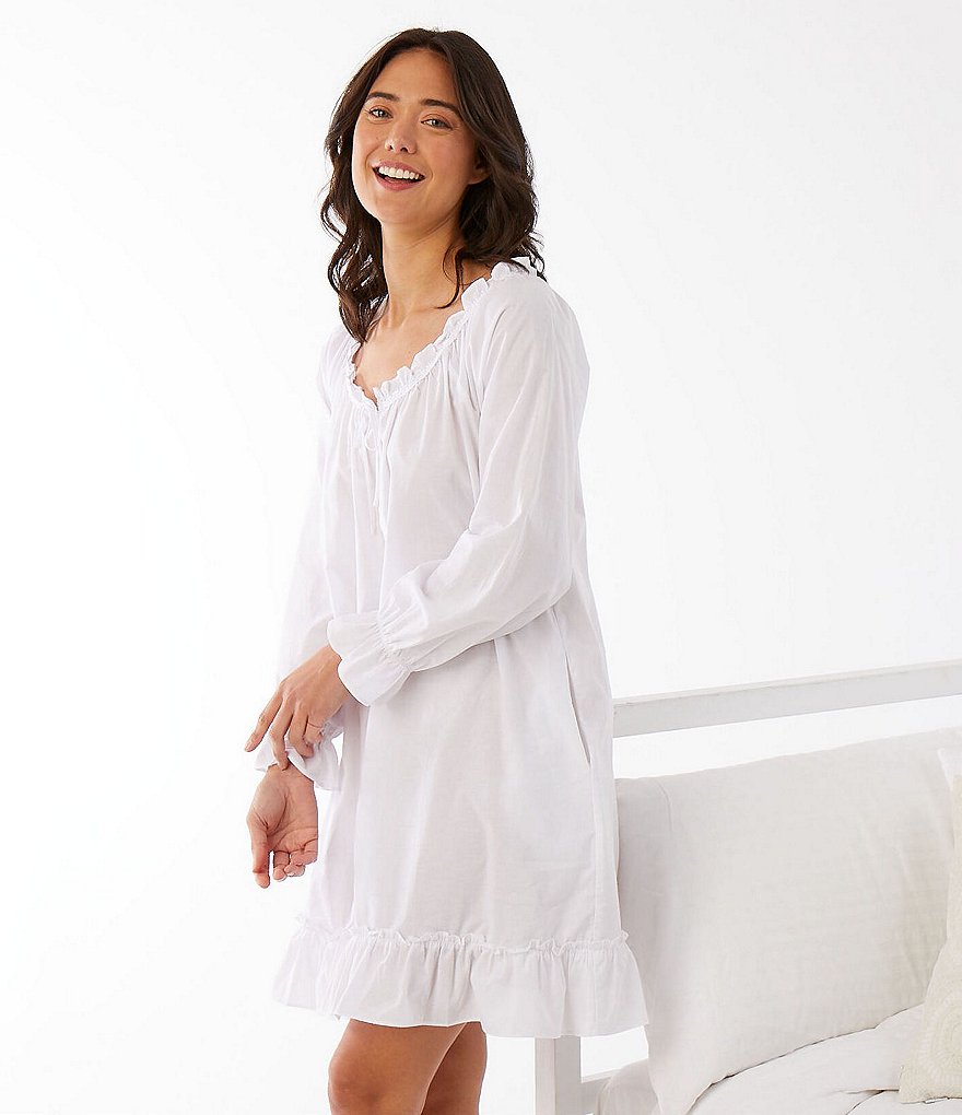 Eileen West Solid Woven Lawn Ruffle Round Neck Long Balloon Cuff Sleeve Self-Tie Drawstring Short Nightgown