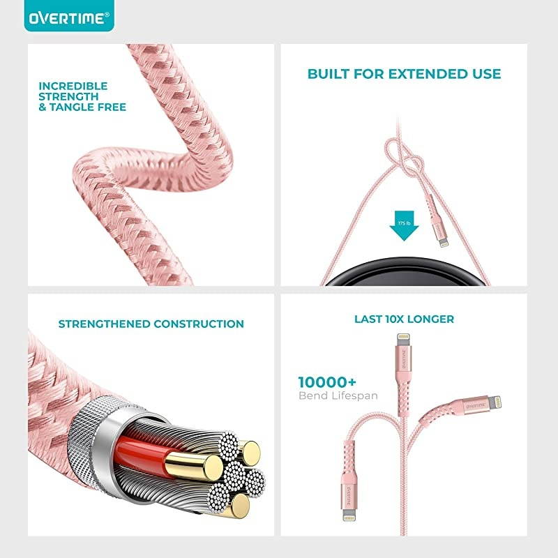 Charger 10ft Apple MFi Certified Lightning Cable Braided Nylon HighSpeed Cable for 1111 Pro11 Pro MaxXXSXRXS Max8765SSE AirPodsPro iPad MiniAir Rose Gold