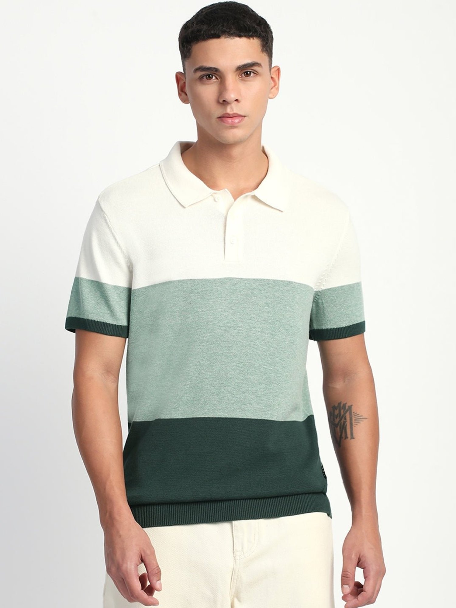 The Bear House Green Regular Fit Colour Block Polo T-Shirt