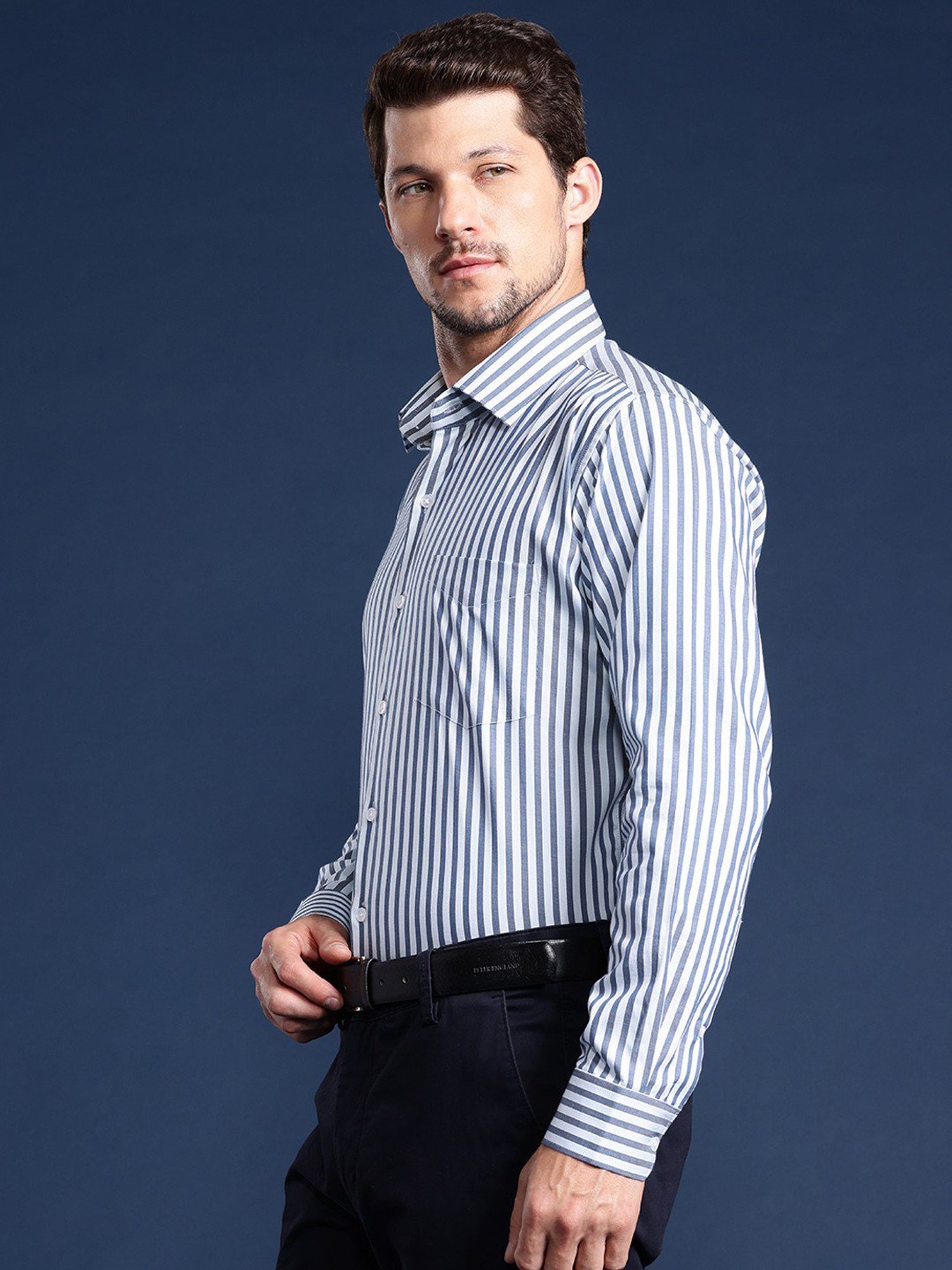 Hancock White Cotton Slim Fit Stripes Shirts