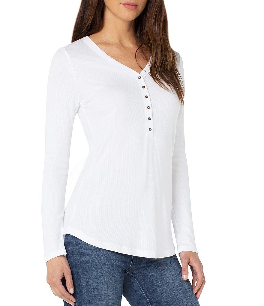 Liverpool Los Angeles Long Sleeve Mini Rib Knit V-Neck Long Sleeve Henley Tee