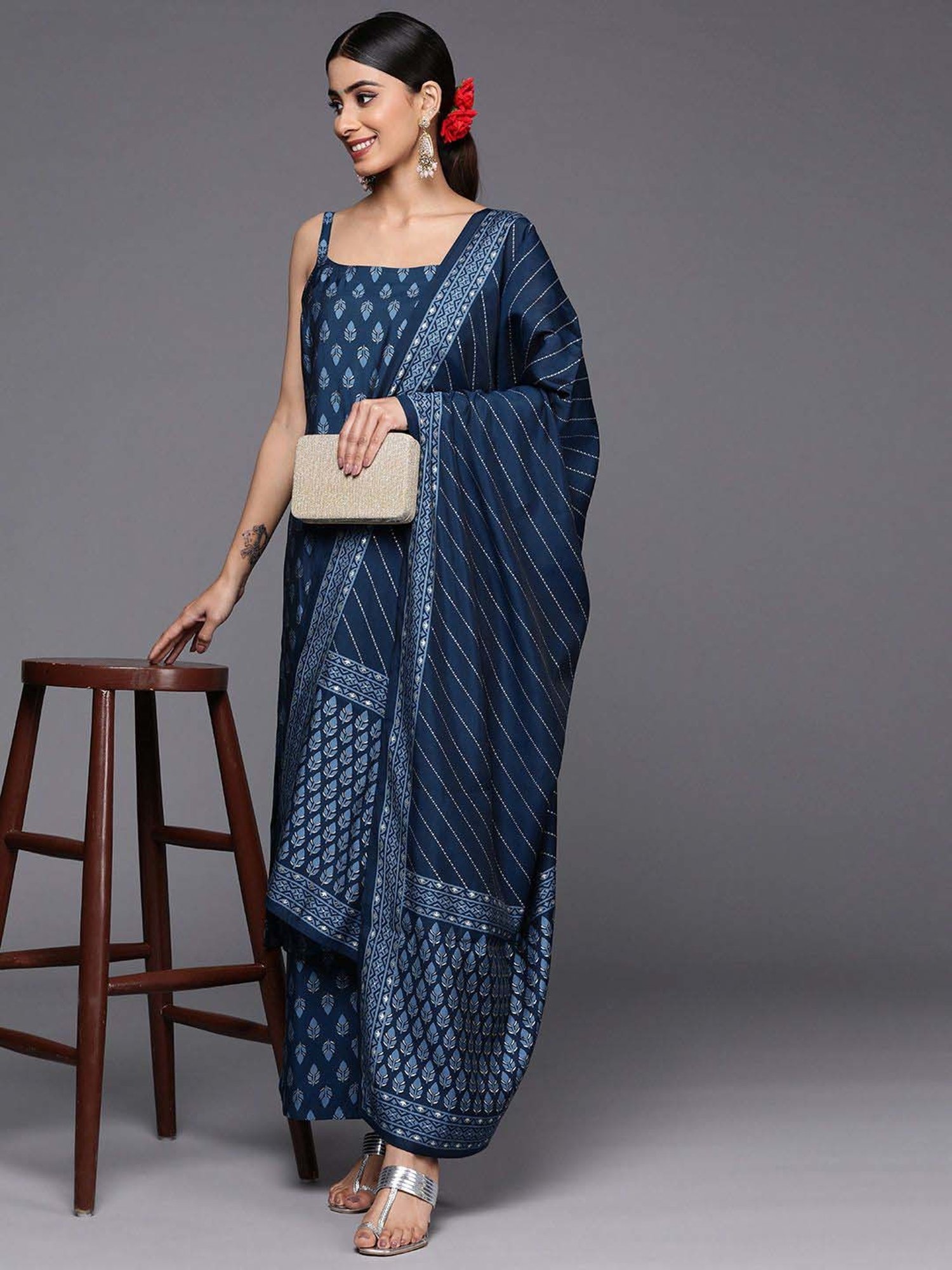 Libas Blue Printed Kurta Palazzo Set With Dupatta
