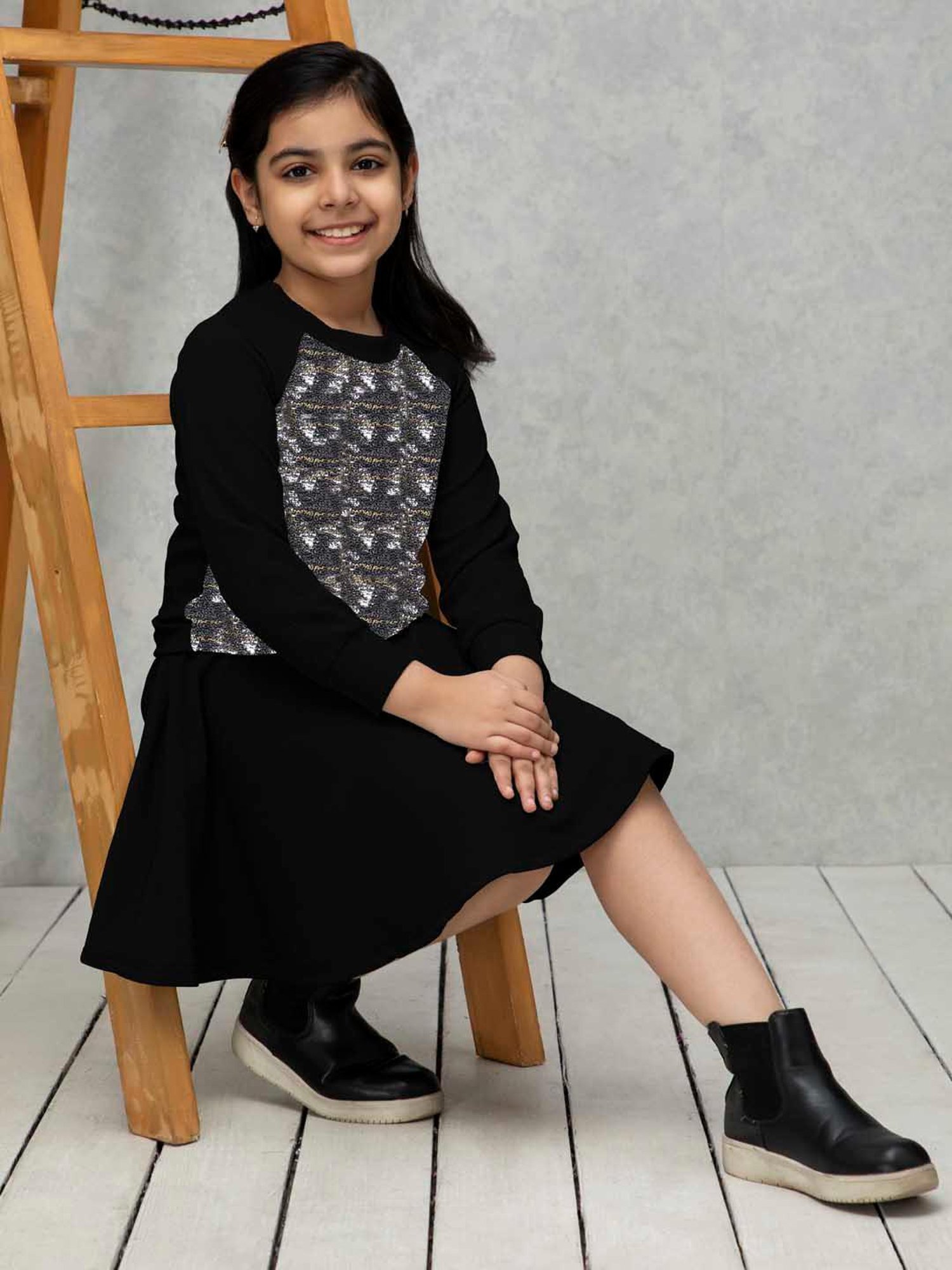 NEUDIS Kids Black Embellished Full Sleeves Top with Skirt