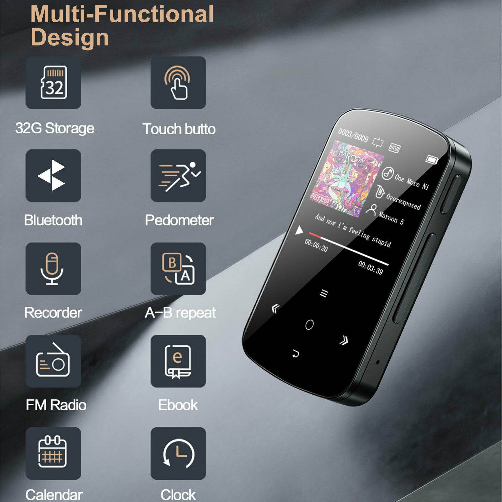 32GB Portable Sport Clip MP3 Player w/Bluetooth 4.2 HIFI Music FM Radio Recorder