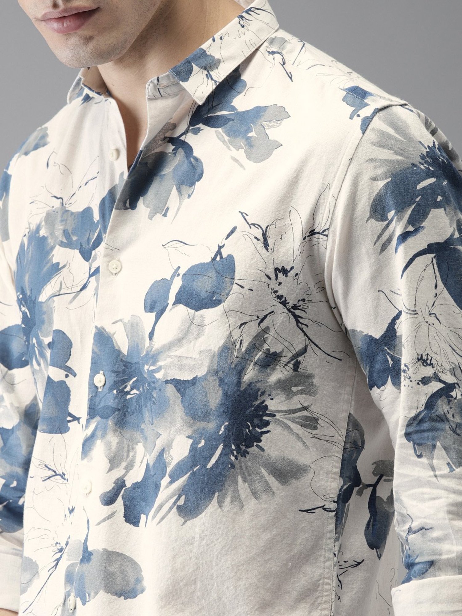 Bene Kleed Cream Slim Fit Floral Print Shirt