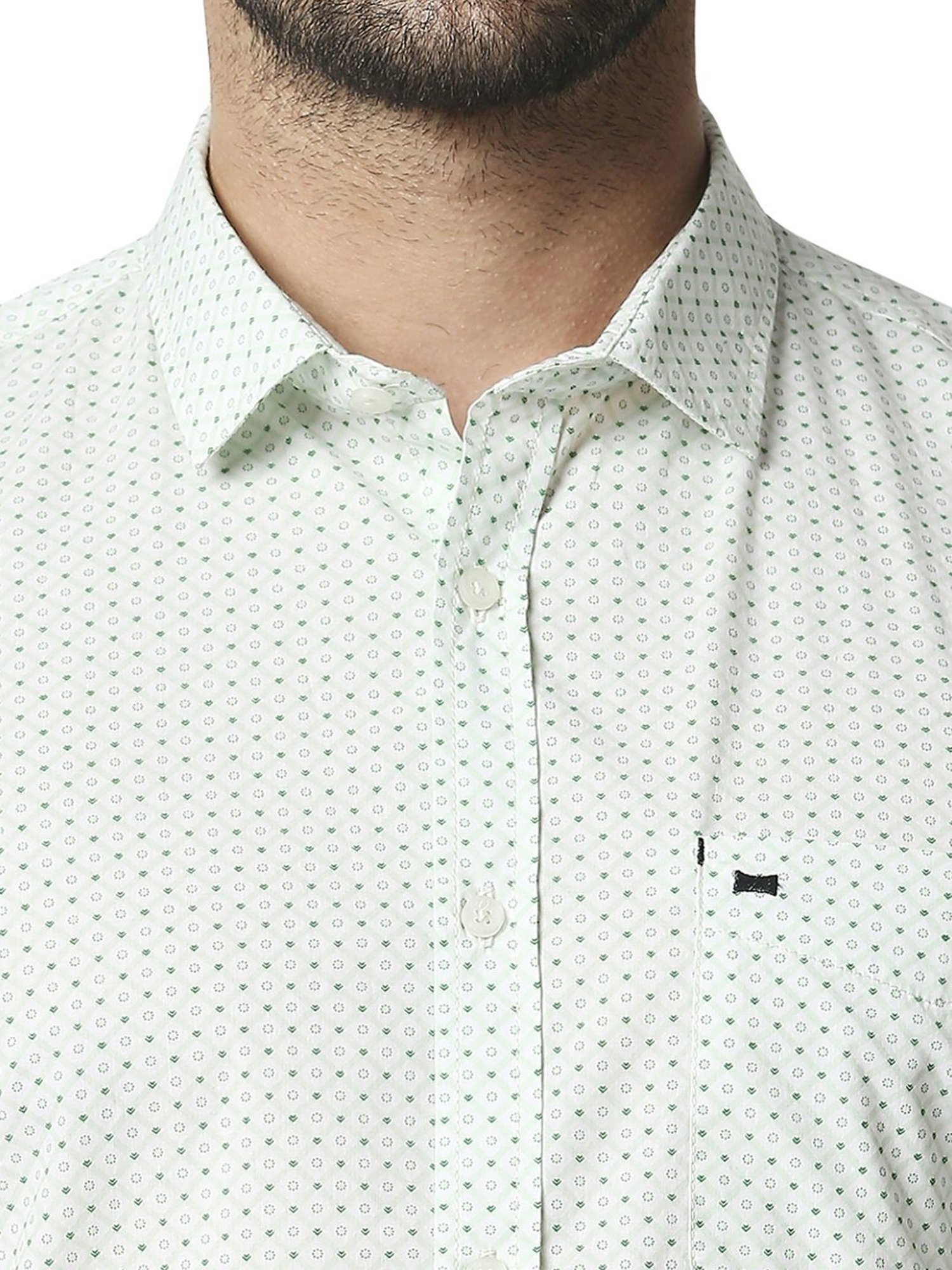 Basics Green Cotton Slim Fit Printed Shirt