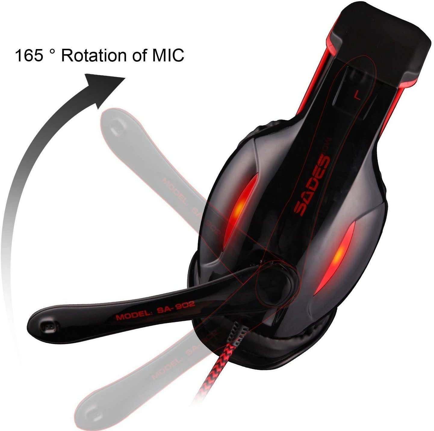 Sades SA902 7.1 Channel Virtual USB Surround Stereo Wired PC Gaming Headset Over Ear Headphones with Mic Revolution Volume Control Noise Canceling LED Light (Black/Red)