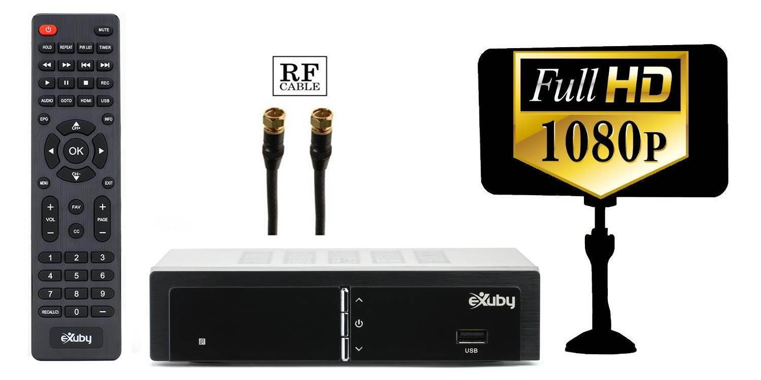 eXuby Digital Converter Box for TV w/ Antenna and Coaxial Cable  for Recording and Viewing Full HD Digital Channels FREE (Instant or Scheduled Recording, 1080P HDTV, HDMI Output, 7 Day Program Guide)