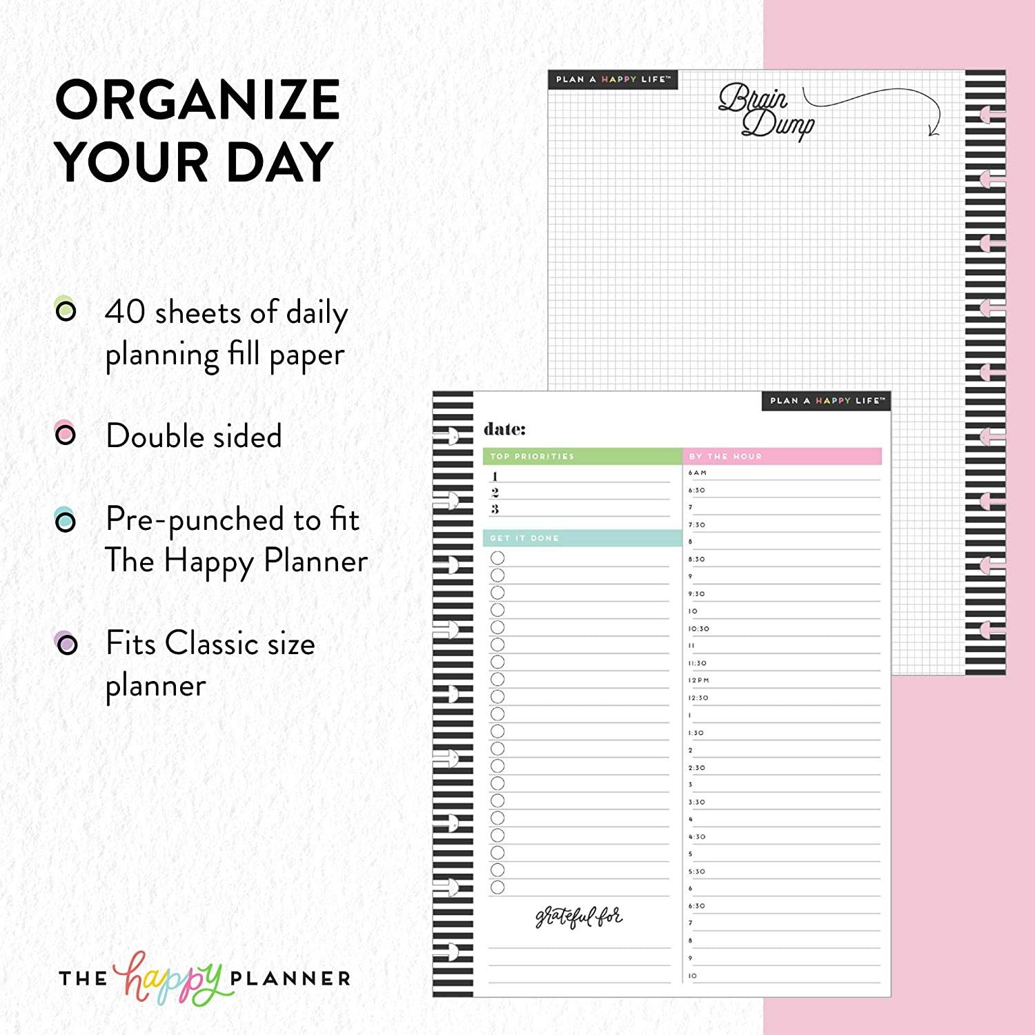 me & my BIG ideas Daily Planning Sheets - The Happy Planner Scrapbooking Supplies - 40 Pre-Punched Daily Pages - Daily Planning Fill Paper - Hourly Breakdown Slots - Make Lists - Classic Size