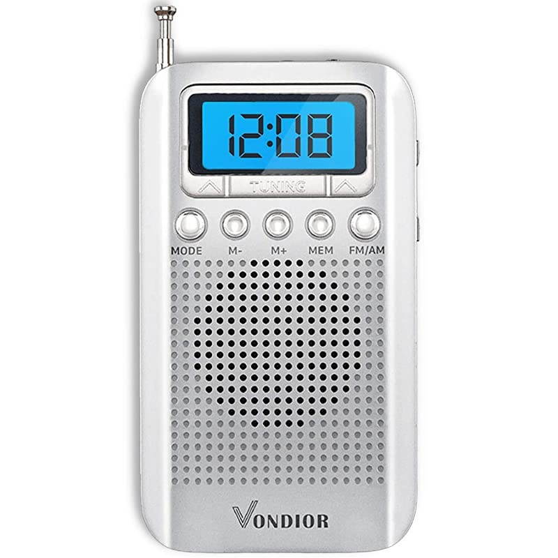 Digital AM FM Portable Pocket Radio with Alarm Clock- Best Reception and Longest Lasting. AM FM Compact Radio Player Operated by 2 AAA Battery, Stereo Headphone Socket (Silver), by