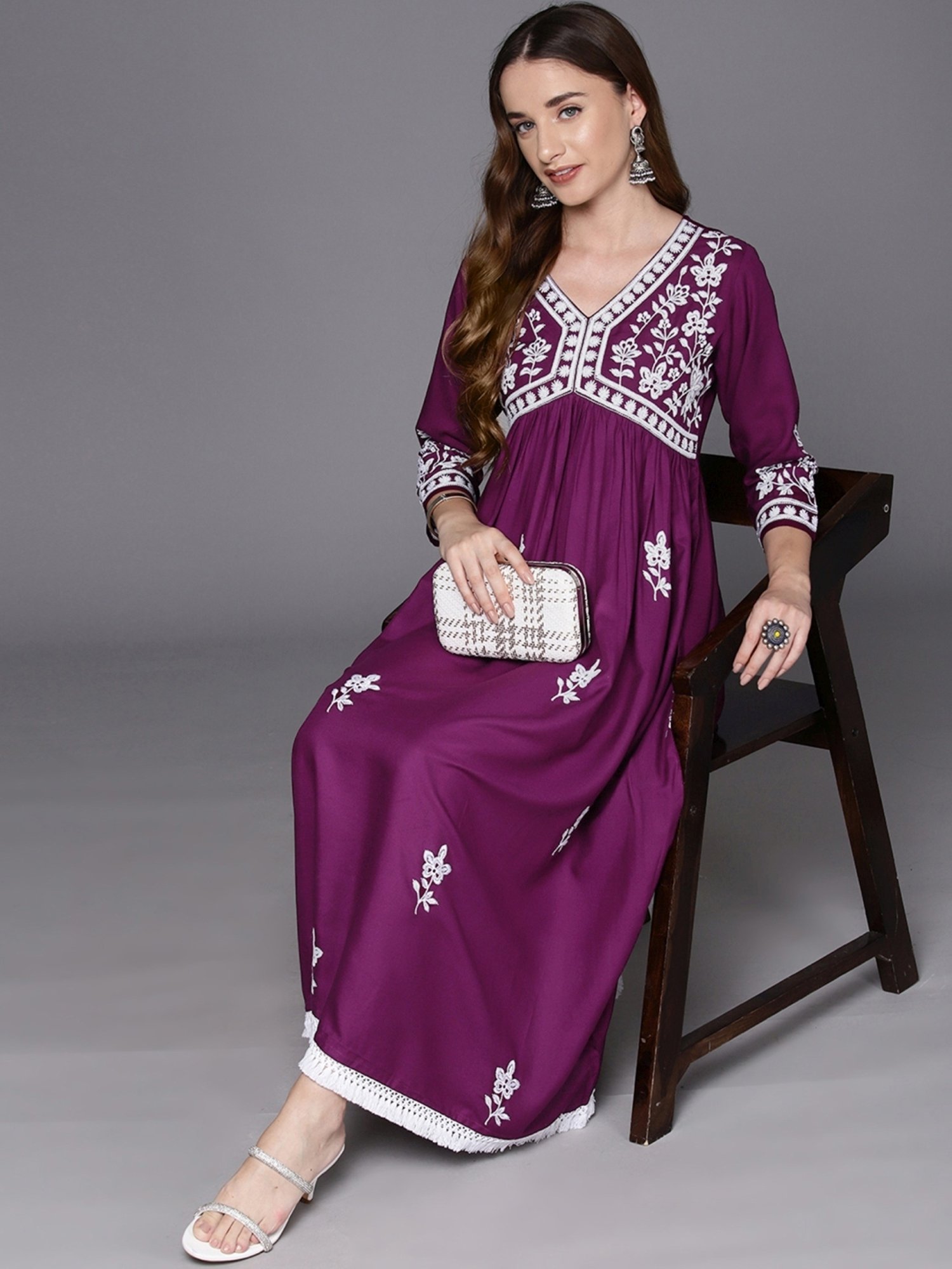 Indo Era Purple Embroidered A-Line Dress