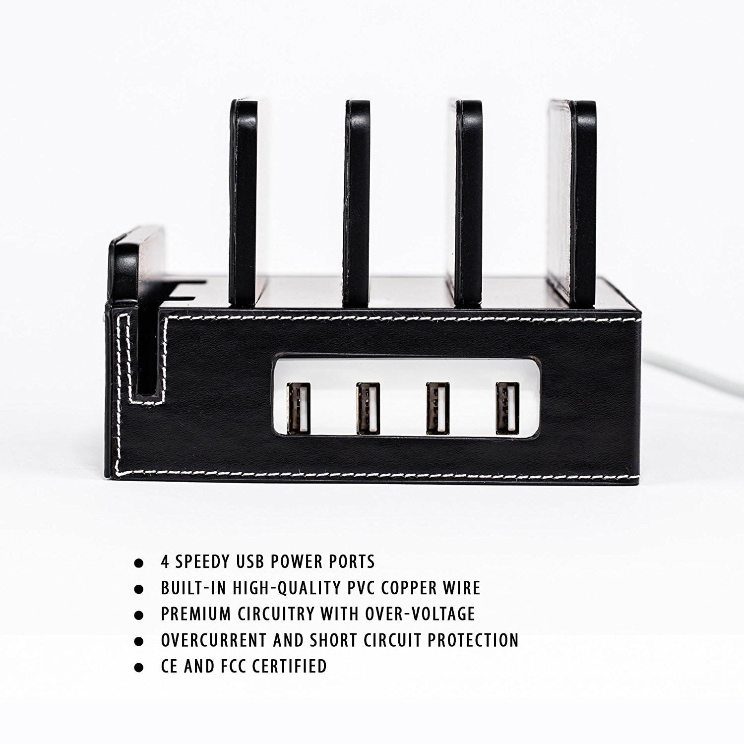Compact Universal Desktop Cell Phone & Tablet/eReader/Kindle Charging Station, with Set of Cable Ties. Multiple Finishes Available - Black Leatherette
