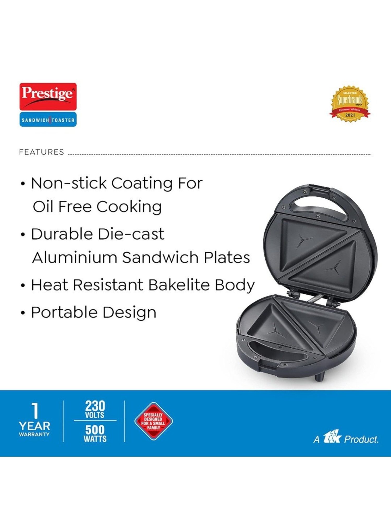 Borosil Sandwich Maker 700W Non Stick Coating (Black)
