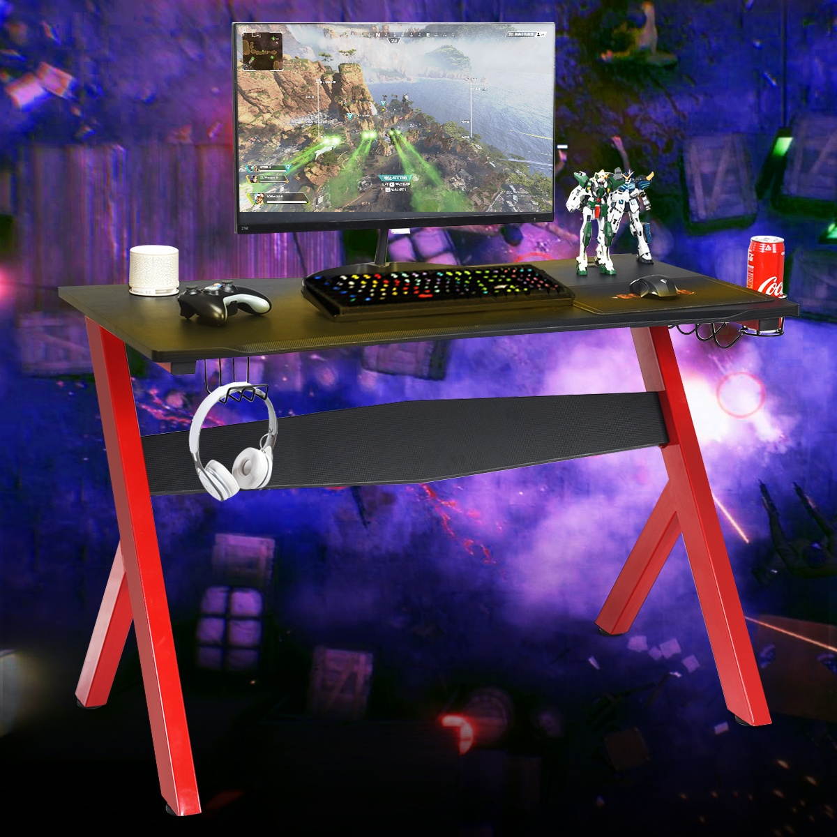 Gaming Desk Computer Desk w/Controller Stand Cup Holder Headphone Hook Mouse Pad