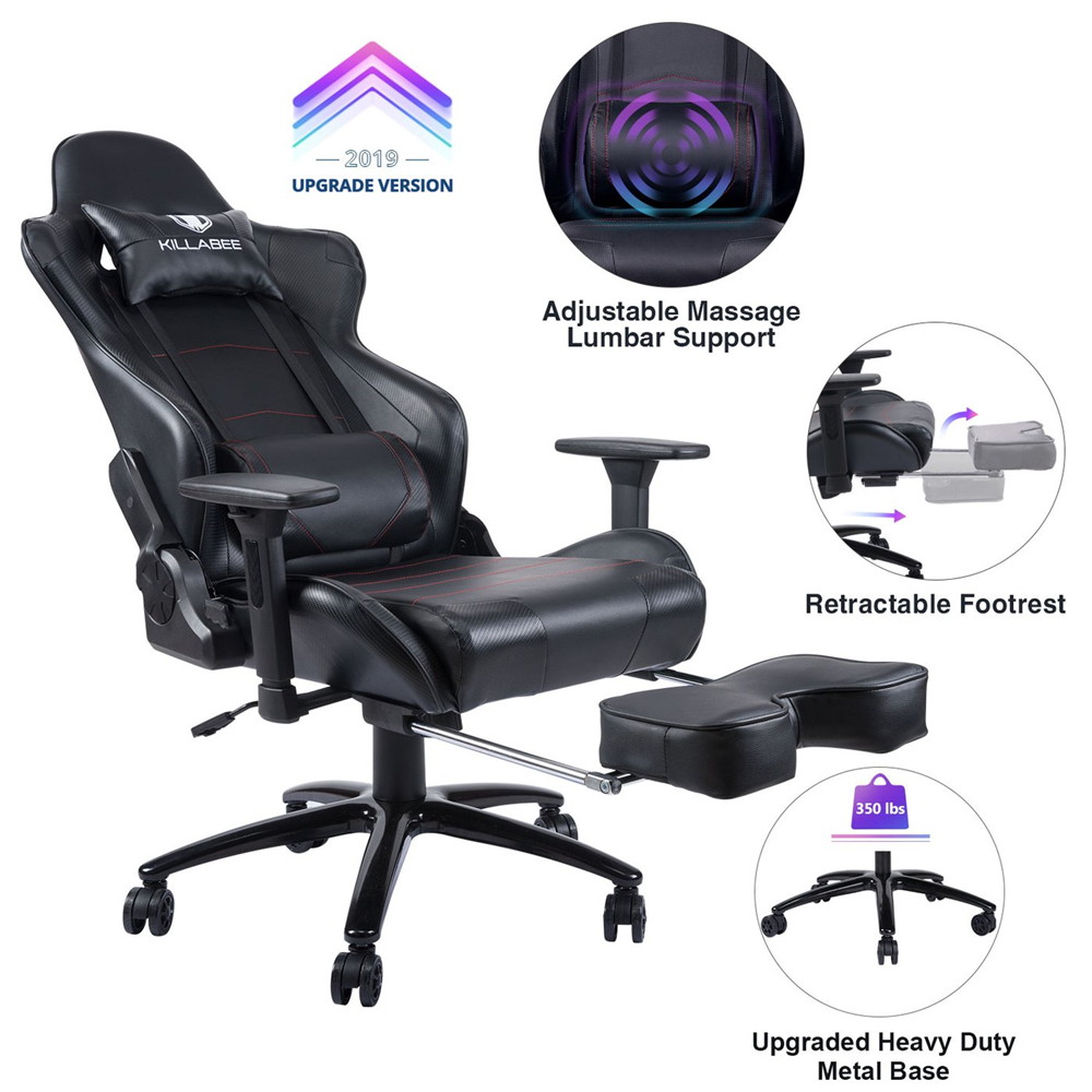 KILLABEE Big and Tall 350lb Massage Gaming Chair Metal Base - Adjustable Massage Lumbar Cushion, Retractable Footrest High Back Ergonomic Leather Racing Computer Desk Executive Office Chair(Blue)