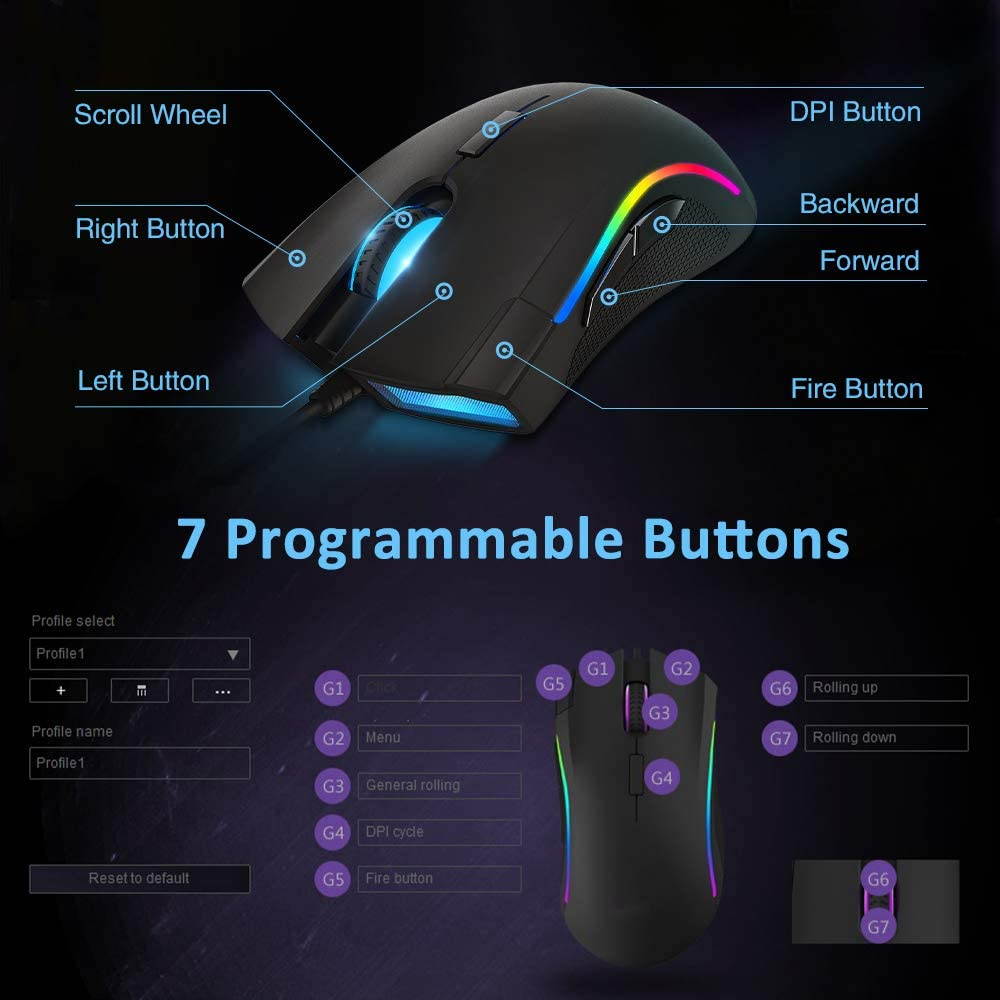 Yijianxi RGB game mouse,4000 DPI,7 programmable buttons and professional game software, ergonomic optical game mouse for Windows PC game player notebook (M625BU(3050)- black)