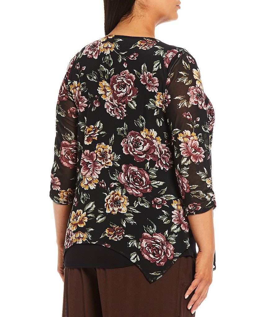 I.N. Studio Plus Size Floral Print Mesh Overlay Scoop Neck 3/4 Ruched Sleeve Split Front Hem Detail Popover Top