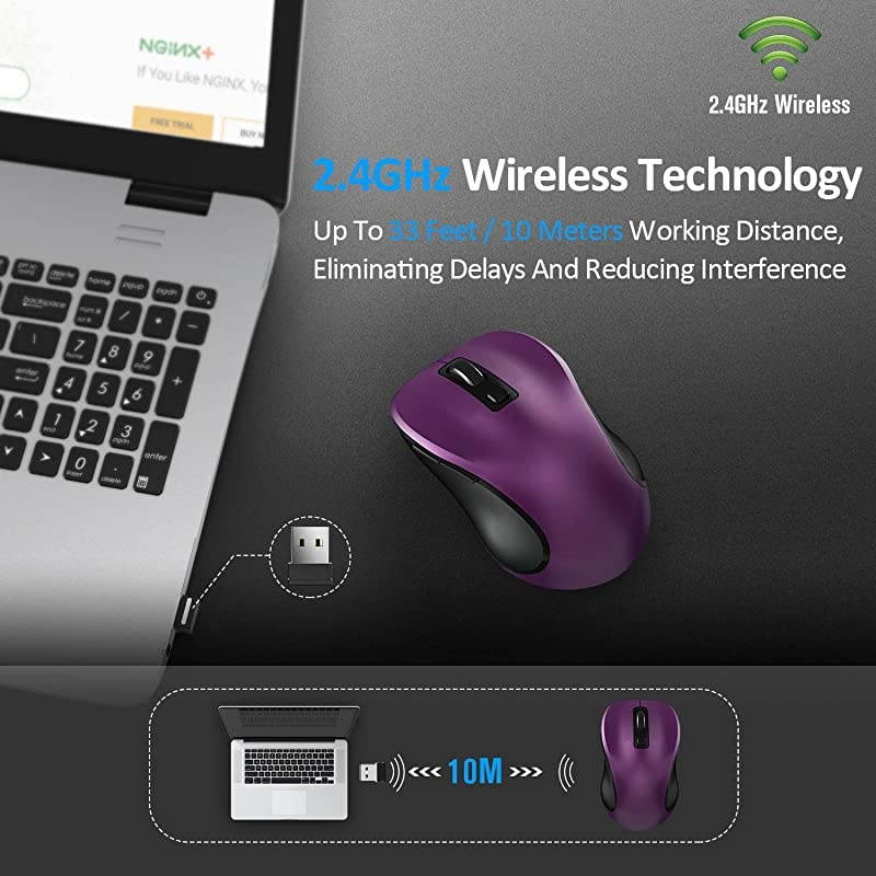 Wireless Mouse  24G Portable Computer Mouse Optical USB Mouse Cordless Mouse Ergonomic Mouse with USB Receiver 6 Buttons 3Level DPI Laptop Mouse for Windows MacOS PC Laptop Purple