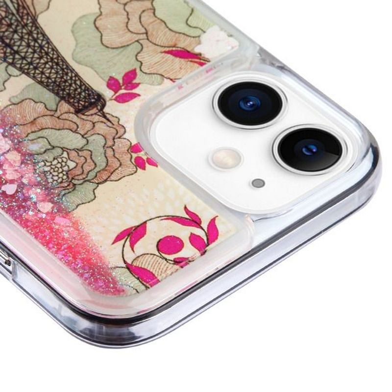 Airium Quicksand Glitter Hybrid Protector Case Compatible With Apple iPhone 12 Mini (5.4") - Eiffel Tower & Pink Hearts