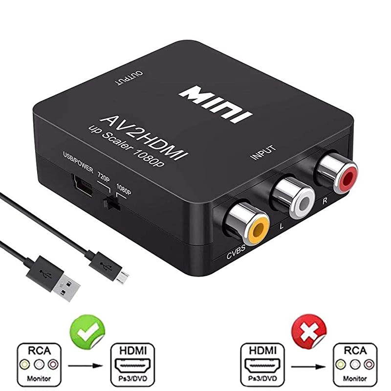 RCA to HDMI AV to HDMI 1080P Mini RCA Composite CVBS AV to HDMI Video Audio Converter Supporting PALNTSC with USB Charge Cable for PC Laptop Xbox Wii PS2 PS4 PS3 TV STB VHS VCR Camera DVD