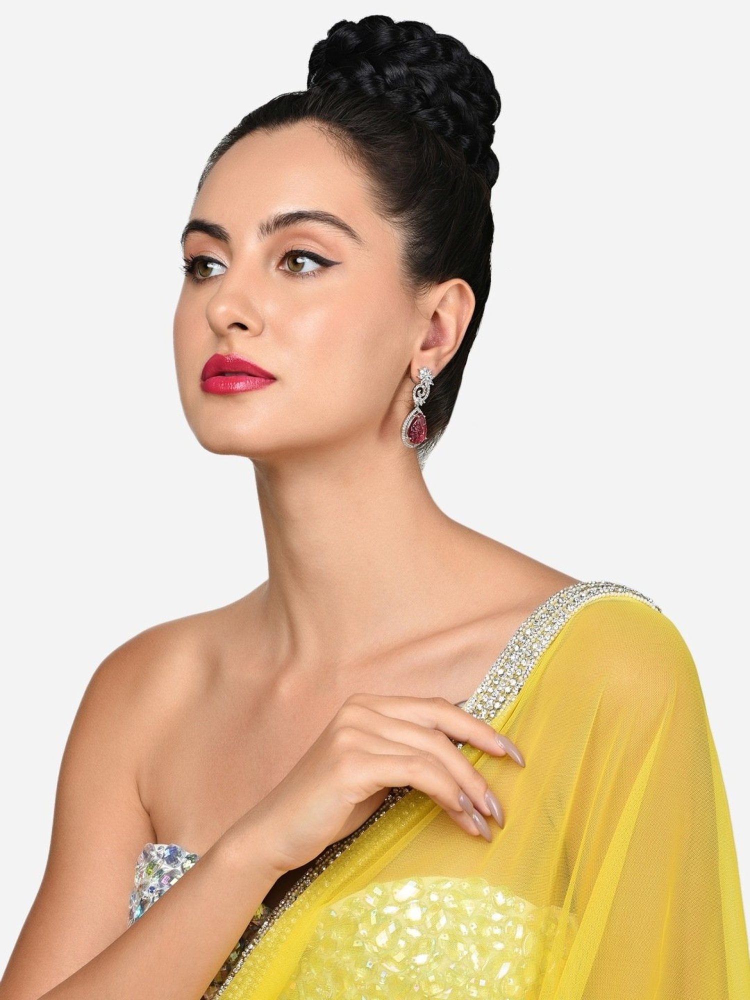 Zaveri Pearls Wine Stone Dazzling Cubic Zirconia Brass Contemporary Drop Earrings-ZPFK15822